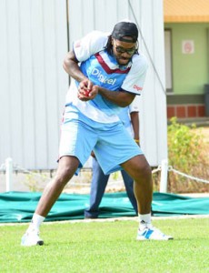 Chris Gayle does catching practice. (Windies Cricket)
