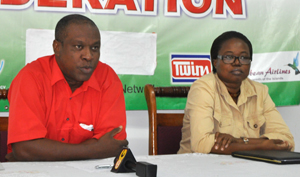 President of the GFF Christopher Matthias and Acting General Secretary Abiola Howard seen at yesterday’s Press Briefing.