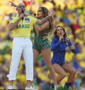 Pitbull, Jennifer Lopez and Claudia Leitte perform during the opening ceremony of the 2014 World Cup in Arena de Sao Paulo