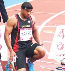 Adam Harris get in the starting blocks at the Commonwealth Games for his race. 