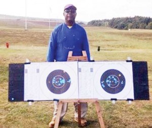  Lennox Braithwaite with his replica Queens Finals targets at the Bisley Ranges, United Kingdom.