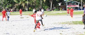 Part of the action in the clash between Soesdyke Secondary and St. Cuthbert Secondary at the St. Cuthbert Community Centre ground on Saturday.  