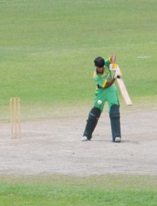 Askay Homraj gathers off-side runs in his 69 for Guyana at Bourda yesterday.