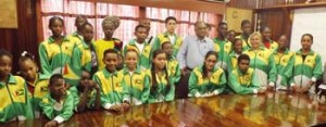 Members of the Guyana team with Director of Sport Neil Kumar standing center during their courtesy call yesterday.