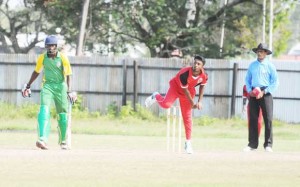 Off spinner Samuel Roopnarine in action.