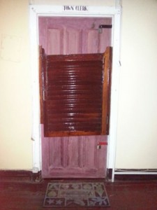 One of the Town Clerk’s office doors barred up