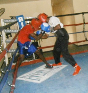 In this photo Atwell (right) mixes it up with Lake during Sunday’s sparring sessions. 
