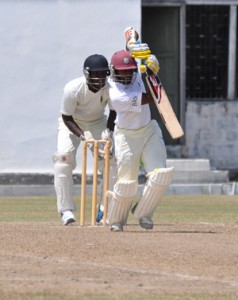 Demerara skipper Vishal Singh plays an attacking stroke enroute to his century