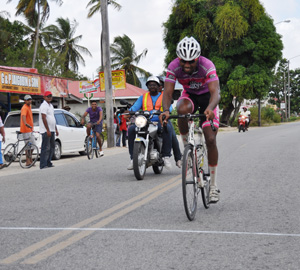 All Alone! Marlon Williams approaches the finish line at Suddie, Essequibo yesterday.