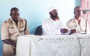From left: Assistant Commissioner of Police Christopher Griffith, Coordinator of the Impact Albouystown Project, Imam Niem Mohammed and ASP Jairam Ramlakhan at the launch yesterday. 
