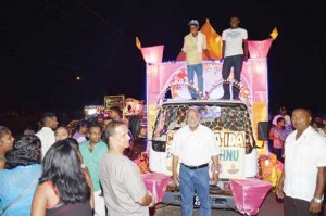 President Donald Ramotar in front of one of the floats at Uitvlugt  Community Centre ground during Diwali motorcade.
