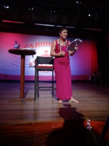 Renowned American Playwright Eve Ensler during her entertaining dramatization of the Vagina Monologues.