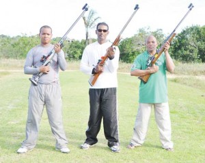 GNRA 2014 O-Class champion Peter Persaud (centre) is flanked by Terrence Stuart (2nd) and Sherwin Felicien who placed third.