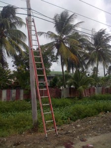 The ladder that Gaznabbi was using lies against the pole where he came into contact with the live GPL wire.