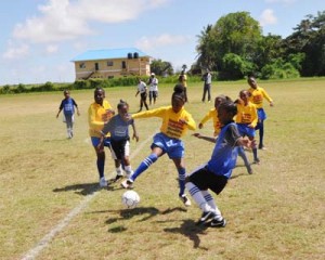 (Flashback) Action from the first day of competition in the inaugural MoH/Health 2000Inc/MoE/Ansa McAl Girls Schools Football Competition which is being played at the Ministry of Education ground on Carifesta Avenue.