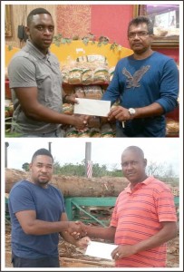 (Above) - Manager at Roti Hut, Jacob Nanan (right), hand over an undisclosed sum of cash to Aubrey Major Jnr. ahead of the NEE Futsal Final tonight in Linden. (Below) - Bella Harry (right), Manager of B. Harry Lumber Yard, supports the MVP when they presented a sum of cash to Kendrick Noel.