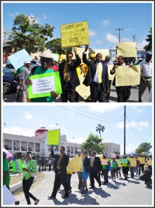 AFC Leaders join with angry supporters outside Public Buildings yesterday in protest of President Donald Ramotar’s decision to prorogue Parliament.