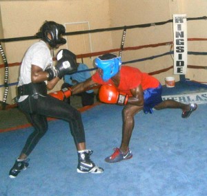 Revlon Lake (right) throws a long right hand during recent sparring sessions with Clive Atwell.