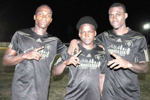 Den Amstel marksmen (from left) - Delon Lanferman, Travis Hilliman and Andre Hector pose for a photo op following the controversial end to their clash against Uitvlugt Warriors on Saturday.