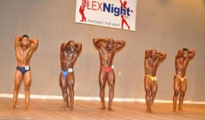 Mr. Flex Night 2014, Godfrey Stoby  (right) and other category winners from left, Zalim Bacchus, Sylvan Gardner, Alex Hamilton and Marlon Bennett.