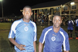 Pouderoyen marksmen Marvin Frank (left) and Lloyd Prince pose for a photo op following the teams win over Uitvlugt Warriors in the playoff for third place.