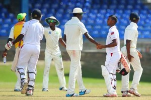 Ronsford Beaton being congratulated following Guyana’s win. (Photo by WICB Media/Ashley Allen)