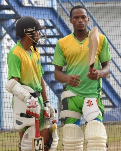 Skipper Vishaul Singh and Trevon Griffith ‘chat’ during yesterday’s Jaguars practice session at the QPO.