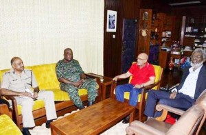President Donald Ramotar in meeting with Army Chief,  Brigadier Mark Phillips and Police Commissioner (ag), Seelall Persaud, Dr. Roger Luncheon is at right.