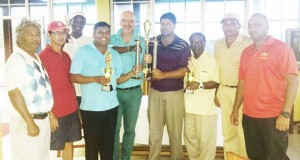 The members of the victorious Rest of the World team, except for member Roberto Grisi: (from left) - Hilbert Shields, Ian Gouveia, Mohanlall ‘Santo’ Dinanuth, Kalyan Tiwari, Nick Jackson (visiting player of South Africa), Richard Haniff, Kishan Bacchus, Fazil ‘Thats it’ Haniff and Parmanand ‘Max’ Persaud.