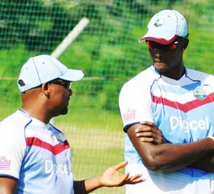 Andre Coley, Jason Holder during West Indies training session at Buffalo Park, East London yesterday. WICB Media Photo/Philip Spooner