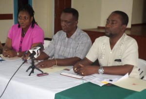 GTU executives at the Press conference yesterday. From left:  General Secretary, Coretta McDonald; Administrative Field  Officer, Lancelot Baptiste and resident, Mark Lyte. 