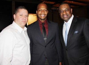 CONCACAF President Jeff Webb with GFFNC Chairman Clinton Urling (center) and GFF TD Claude Bolton at the World Cup Draw in Miami.  