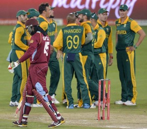 Chris Gayle fell to the first ball of West Indies’ reply, South Africa v West Indies, 5th ODI, Centurion, January 28, 2015