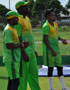 Head Coach Esuan Crandon (middle) will hope the Test spinners Devendra Bishoo (right) and Veerasammy Permaul bowl well today.