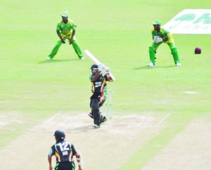 Rajendra Chadrika  executes a classy cover drive yesterday during his half-century
