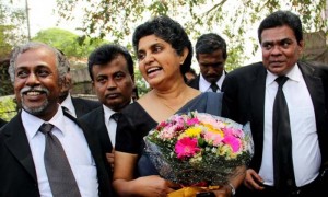 Sri Lanka’s former chief justice Shirani Bandaranayake is greeted by lawyers at the Supreme Court complex in Colombo on Wednesday. Photo: Ishara S.Kodikara/AFP/Getty Images