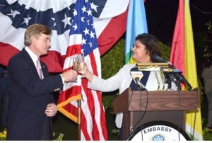  Guyana’s Acting Foreign Minister, Priya Manickchand, and US Ambassador, Brent Hardt, raise their glasses for a toast at the observance of America’s 238th Independence Anniversary.