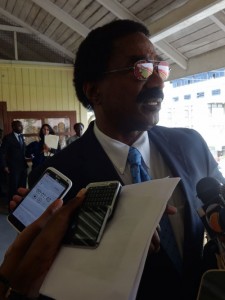 Attorney- at- Law Basil Williams speaking with the media yesterday.