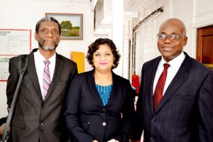 From left: CXC’s Pro-Registrar Glenroy Cumberbatch; Minister of Education, Priya Manickchand and Chief Education Officer, Olato Sam following yesterday’s press conference.