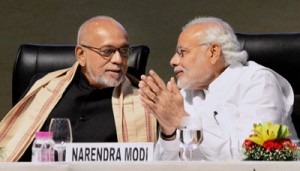 Indian Prime Minister Narendra Modi with President  Donald Ramotar (left) in Gandhinagar, Gujarat. (Photo PTI) 