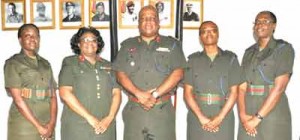 Chief-of-Staff Mark Phillips (centre) with the newly-promoted female senior officers (from left) Ag. Lt. Col. Lorraine Foster; Ag Col. Ann McLennan; Ag. Lt. Col. Natasha Stanford and Ag. Major Christine Bradford.  