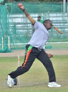 Flashback! Calvin Roberts bowling in the nets during a training session with the Guyana Media XI last year.