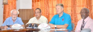 TD of the Guyana national rugby team Angus Thomson (2nd right) at yesterday’s press conference at Olympic House. Also in picture from left are Patron Christopher “Kit” Nascimento, President Peter Green and GS Terrence Grant. 