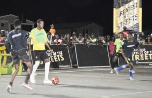 Part of the action in this year’s West Demerara Guinness ‘Greatest of de Streets’ Futsal Competition.