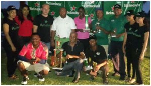 From left standing are – Ansa A McAl staff, PRO - D. Yussuf (red top), Brand Coordinator - R. Hitchcock, LGC President - D. Mohamad, 2nd place winner - S. Webster (centre), 3rd place winner - J. Solomon, LD - K. Tiwari, 2 other Ansa McAL staff. Stooping from left; NTP - M. Bhagwandin, 1st place winner - ‘Pur’ Persaud and 4th place winner and BG - A. Kishore.