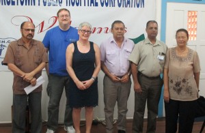 From L-R Min. of Health Dr. Bheri Ramsaran, Mr. Roy Morris (ICHF), Dr. Helen Holtby, GPHC CEO Michael Khan, Dr. Sheik Amir and Dr. Nancy Suarez at media conference yesterday.