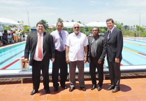 From left - President of Consonat Juan Carkos, Sports Minister Dr Frank Anthony, President Donald Ramotar, President of GASA Ivan Persuad & VP of FINA Dale Neuburger at yesterday’s Commissioning of Warm-up Pool.