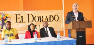 Commercial Director of LCPL Jamie Stewart addresses the media. Sitting from right are Tagman media for DDL/EL Dorado Alex Graham, DDL Marketing Director Sharda Veeren-Chand and Amazon Warriors all-rounder Christopher Barnwell. 