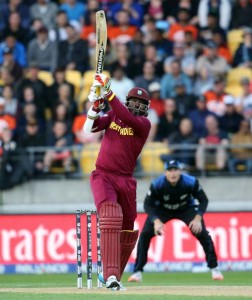 Chris Gayle swings his big blade, New Zealand v West Indies, World Cup 2015, 4th quarter-final, Wellington, March 21, 2015 ©AFP