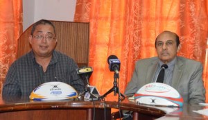 President of the GOA K.A. Juman Yassin (right) and President of the GRFU Peter Green seen at the briefing yesterday at Olympic House.